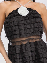 WOMEN'S SLEEVELESS RUFFLE TIERED FLOWER DETAILED MAXI DRESS