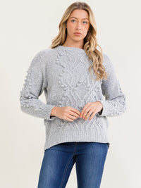 WOMEN'S LONG SLEEVE POM POM DETAILED PULLOVER SWEATER