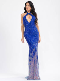 WOMEN'S SLEEVELESS CUT OUT HALTER NECK MULTI SEQUINS BODYCON MAXI DRESS