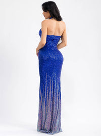 WOMEN'S SLEEVELESS CUT OUT HALTER NECK MULTI SEQUINS BODYCON MAXI DRESS