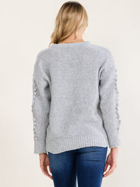 WOMEN'S LONG SLEEVE POM POM DETAILED PULLOVER SWEATER