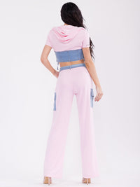 WOMEN'S SHORT SLEEVE TOP & BUTTON CLOSURE PANTS DENIM CONTRAST 2PC. SET