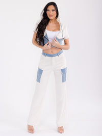 WOMEN'S SHORT SLEEVE TOP & BUTTON CLOSURE PANTS DENIM CONTRAST 2PC. SET