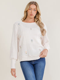 WOMEN'S LONG SLEEVE EMBROIDERY FLOWERS PULLOVER SWEATER