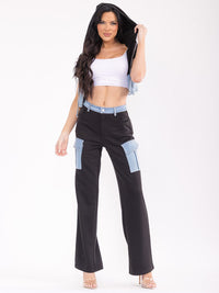 WOMEN'S SHORT SLEEVE TOP & BUTTON CLOSURE PANTS DENIM CONTRAST 2PC. SET