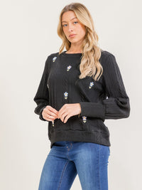 WOMEN'S LONG SLEEVE EMBROIDERY FLOWERS PULLOVER SWEATER