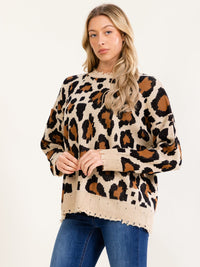 WOMEN'S LONG SLEEVE ANIMAL PRINT DISTRESS PULLOVER COLORBLOCK SWEATER