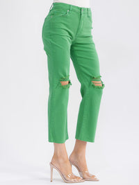 WOMEN'S BUTTON CLOSURE POCKETS DISTRESS WIDE LEG DENIM PANTS