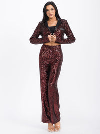 WOMEN'S LONG SLEEVE BLAZER & ZIP UP WIDE LEG PANTS SEQUINS 2PC. SET