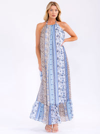 WOMEN'S SLEEVELESS HALTER NECK POCKETS FLORAL MAXI DRESS