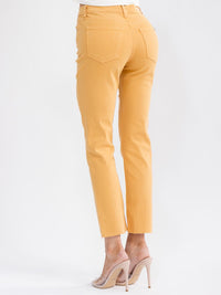 WOMEN'S BUTTON CLOSURE POCKETS RAW EDGE STRAIGHT LEG DENIM PANTS