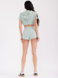 WOMEN'S ZIP UP CROP TOP & ELASTIC WAIST MINI SHORTS HEARTS DETAILED 2PC. SET