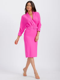 WOMEN'S LONG SLEEVE SURPLICE BELTED BODYCON MIDI DRESS