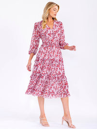 WOMEN'S 3/4 SLEEVE V-NECK ELASTIC WAIST TIERED FLORAL MIDI DRESS