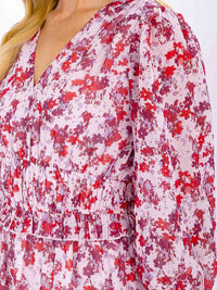 WOMEN'S 3/4 SLEEVE V-NECK ELASTIC WAIST TIERED FLORAL MIDI DRESS