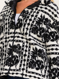 WOMEN'S LONG SLEEVE ZIP UP FRONT POCKETS FLORAL PRINT SHERPA BOMBER JACKET