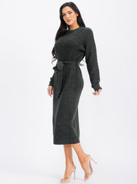 WOMEN'S LONG SLEEVE SELF TIE MAXI DRESS