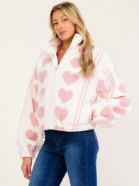 WOMEN'S LONG SLEEVE ZIP UP FRONT POCKETS HEARTS PRINT SHERPA BOMBER JACKET