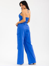WOMEN'S SLEEVELESS CROP TOP & BUTTON CLOSURE PANTS SOLID 2PC. SET