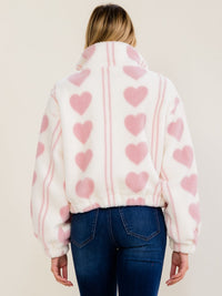 WOMEN'S LONG SLEEVE ZIP UP FRONT POCKETS HEARTS PRINT SHERPA BOMBER JACKET