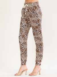 WOMEN'S ELASTIC WAIST SELF TIE FRONT POCKETS DISTRESS ANIMAL PRINT JOGGER PANTS
