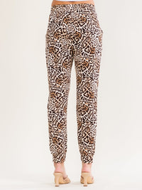WOMEN'S ELASTIC WAIST SELF TIE FRONT POCKETS DISTRESS ANIMAL PRINT JOGGER PANTS