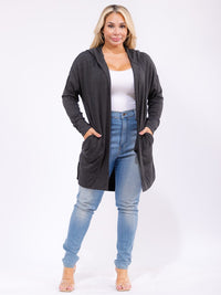 PLUS SIZE LONG OPEN FRONT POCKETS HOODED CARDIGAN