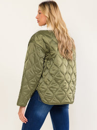 WOMEN'S LONG SLEEVE BUTTON CLOSURE FRONT POCKETS PUFFER SHERPA CONTRAST JACKET