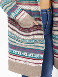 WOMEN'S LONG SLEEVE OPEN FRONT POCKETS MULTI PRINT HOODED CARDIGAN