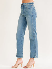 WOMEN'S BUTTON CLOSURE POCKETS STRAIGHT LEG STRETCH DENIM PANTS