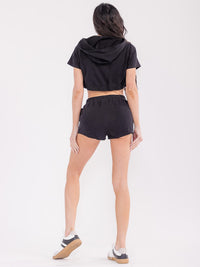 WOMEN'S ZIP UP CROP TOP & ELASTIC WAIST MINI SHORTS HEARTS DETAILED 2PC. SET