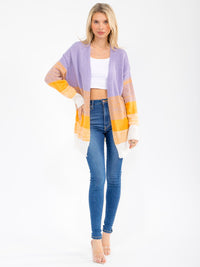 WOMEN'S LONG SLEEVE OPEN FRONT POCKETS COLORBLOCK CARDIGAN