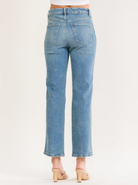 WOMEN'S BUTTON CLOSURE POCKETS STRAIGHT LEG STRETCH DENIM PANTS