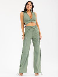 WOMEN'S SLEEVELESS WRAP CROP TOP & ELASTIC WAIST PANTS DENIM 2PC. SET