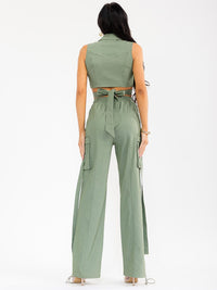 WOMEN'S SLEEVELESS WRAP CROP TOP & ELASTIC WAIST PANTS DENIM 2PC. SET