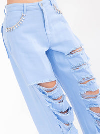 WOMEN'S BUTTON CLOSURE POCKETS DISTRESS DENIM WIDE LEG PANTS