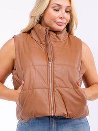 PLUS SIZE SLEEVELESS ZIP UP FRONT POCKETS PUFFER PU PLEATHER VEST