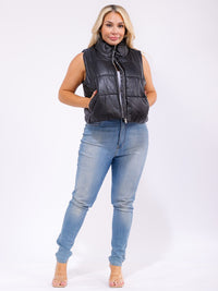 PLUS SIZE SLEEVELESS ZIP UP FRONT POCKETS PUFFER PU PLEATHER VEST