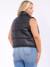 PLUS SIZE SLEEVELESS ZIP UP FRONT POCKETS PUFFER PU PLEATHER VEST
