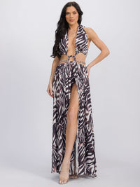 WOMEN'S SLEEVELESS NECK TIE OPEN BACK ZEBRA PRINT MAXI DRESS