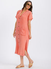 WOMEN'S SHORT SLEEVE BUTTON UP FRONT POCKETS WASHED MIDI DRESS