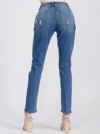 WOMEN'S BUTTON CLOSURE FLORAL DISTRESS DENIM PANTS