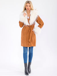WOMEN'S LONG SLEEVE OPEN FRONT SELF TIE RIBBED FAUX-FUR COAT