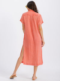 WOMEN'S SHORT SLEEVE BUTTON UP FRONT POCKETS WASHED MIDI DRESS
