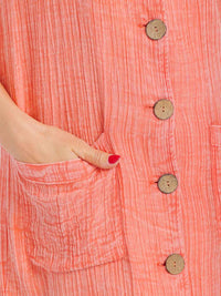 WOMEN'S SHORT SLEEVE BUTTON UP FRONT POCKETS WASHED MIDI DRESS