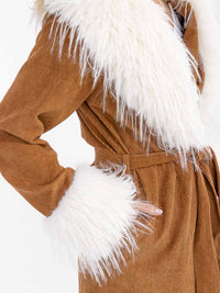 WOMEN'S LONG SLEEVE OPEN FRONT SELF TIE RIBBED FAUX-FUR COAT