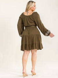 PLUS SIZE LONG SLEEVE SQUARE NECK ELASTIC WAIST SELF TIE TIERED MINI DRESS