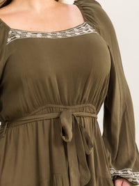 PLUS SIZE LONG SLEEVE SQUARE NECK ELASTIC WAIST SELF TIE TIERED MINI DRESS