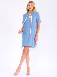 WOMEN'S SHORT SLEEVE LACE UP CHAMBRAY MINI DRESS