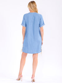 WOMEN'S SHORT SLEEVE LACE UP CHAMBRAY MINI DRESS